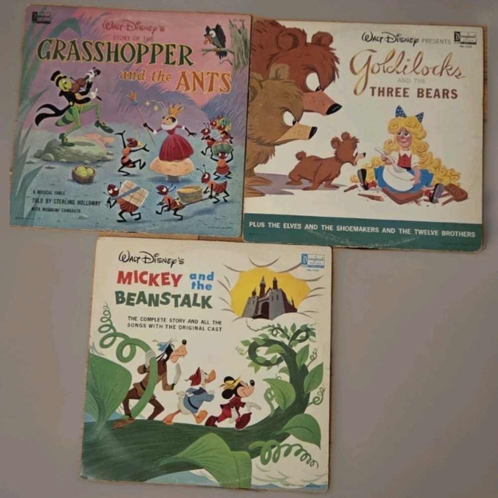 Walt Disney Children Records Goldilocks Mickey Beanstalk & Grasshopper Vtg Lot